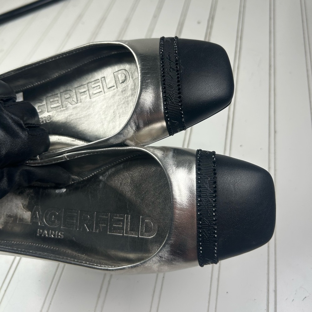 Karl Lagerfeld Vintage Paris Metallic Silver Flats Women’s Size 8 - Picture 2 of 7